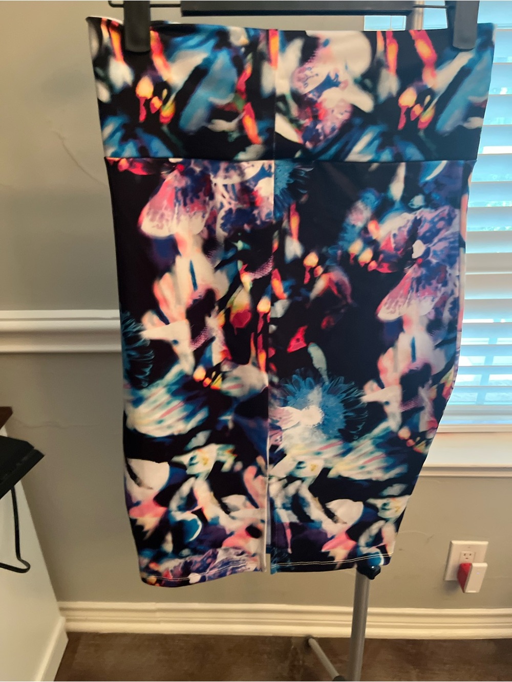 Bebe Multicolor Abstract Floral Pencil Skirt - Black, Blue, Pink